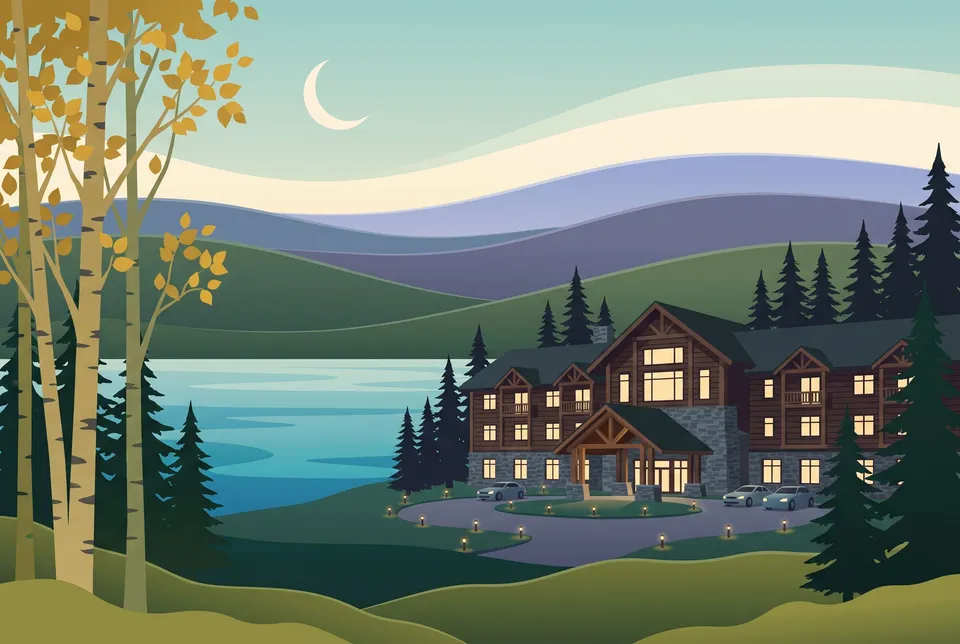 Flat illustration of a timber and stone lodge with lit windows beside a lake at dusk, pines and golden birches, layered violet hills behind.